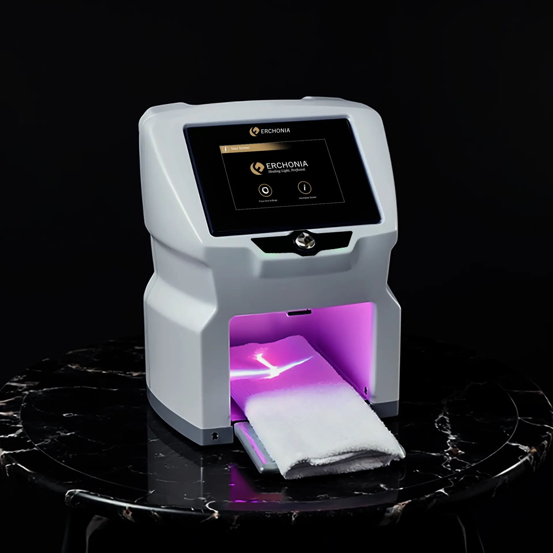 A foot resting on the Erchonia Lunula laser device during a treatment session